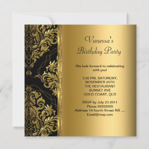 Invitation Soignée fête d'anniversaire Gold Black Damask Flor