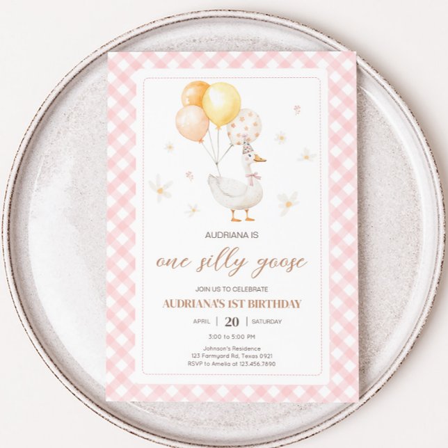 Invitation Soignée Goose En vichy fête d'anniversaire (Pink Gingham Silly Goose Birthday Party Invitation)