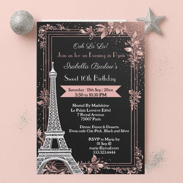 Invitation Soir à Paris Tour Eiffel Anniversaire Douce 16 Ans (Evening in Paris Eiffel Tower Sweet 16 Birthday Invitation)
