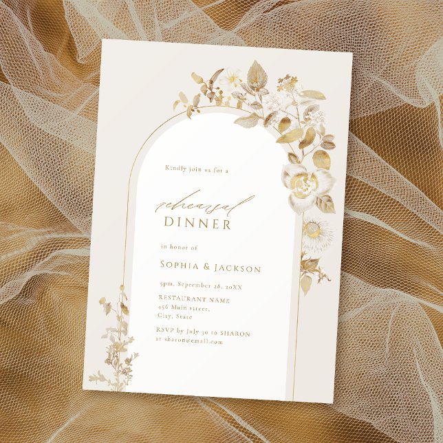 Invitation Soir Elégant Arc Botanique Or (Elegant Gold Botanical Arch Rehearsal Dinner Invitation)