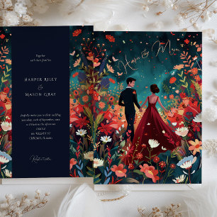 Invitation Soir Enchanté - Mariage Floral Bourgogne Nuit