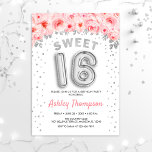 Invitation Soirée 16 Anniversaire - Ballons d'argent rose<br><div class="desc">Douce invitation de fête de 16 ans. Design élégant en argent faux parties scintillant avec accent floral. Carte Invitation avec le numéro d'argent 16 ballons,  police de script avec confetti. Rose et blanc. Parfait pour une célébration anniversaire de style seizième. Message-moi si vous avez besoin d'âge personnalisé.</div>