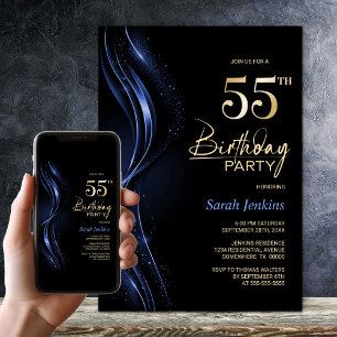Invitation Soirée 55e anniversaire en noir et bleu élégant