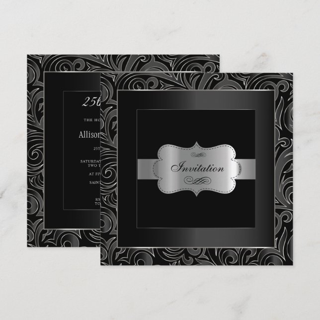 Invitation Soirée Abstraite Noir & Argent | Anniversaire (Devant / Derrière)