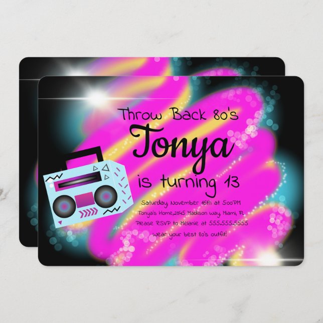 Invitation Soirée Airbrush Vintage BoomBox Années 80 90 Retou (Devant / Derrière)