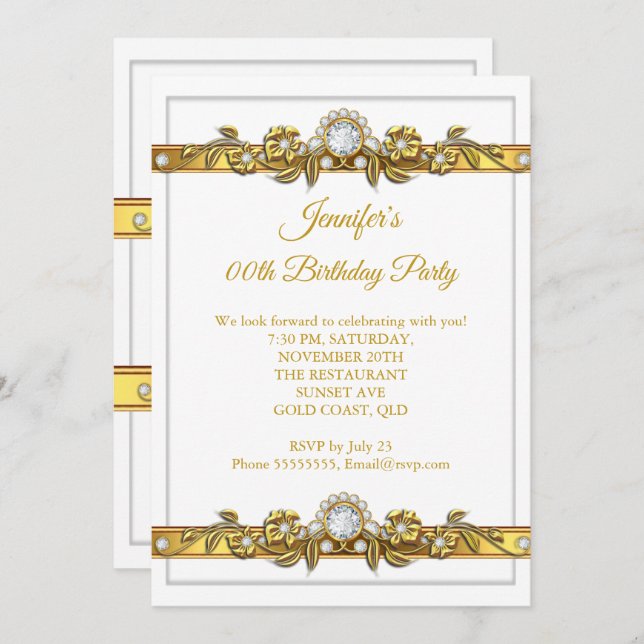 Invitation Soirée Anniversaire Gold White Diamond (Devant / Derrière)