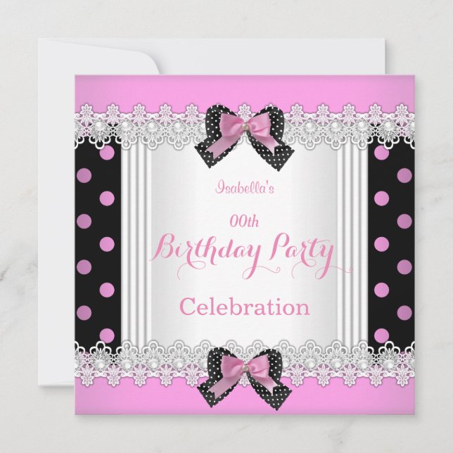 Invitation Soirée Anniversaire Rose Noir Blanc Polka (Devant)
