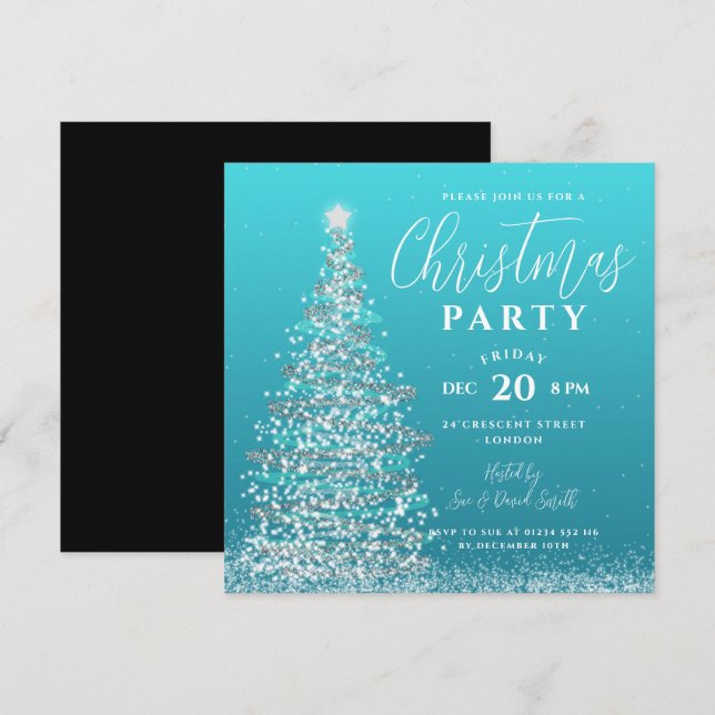 Invitation Soirée Arbre de Noël Soirée Turquoise Vacances (Devant / Derrière)