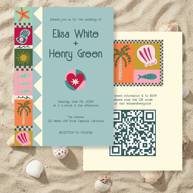 Invitation Soirée au bord de mer Moderne et mignonne INVITATI (Seaside Soiree Modern Cute CUSTOM QR Wedding Invitation
)
