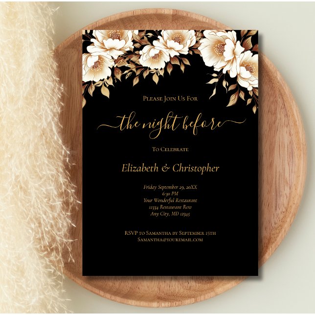 Invitation Soirée Avant Le Dîner De Répétition Florale Gold N (Black Gold Floral The Night Before Wedding Rehearsal Dinner Invitation. Printed or Digital.)