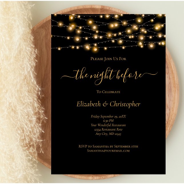 Invitation Soirée avant le souper de répétition Black Gold Li (Black Gold Lights Wedding Rehearsal Dinner Invitation. Printed or Digital)