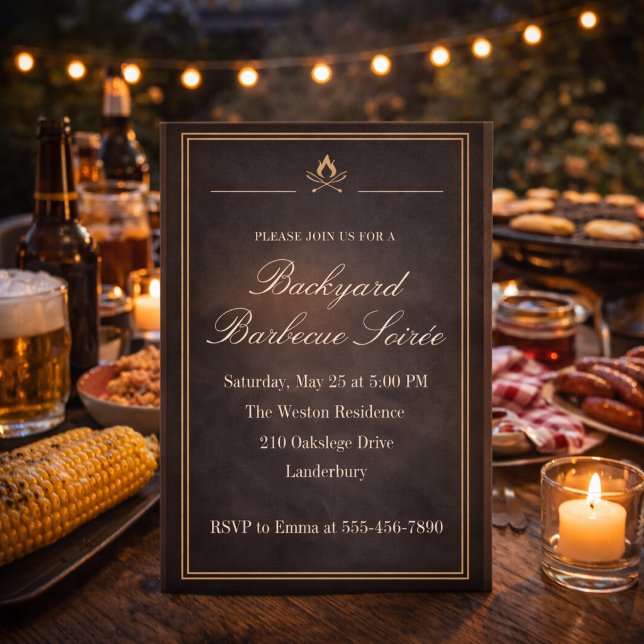 Invitation Soirée BBQ dans la cour arrière (Charcoal backyard BBQ soirée with firelight detail for a refined evening cookout)