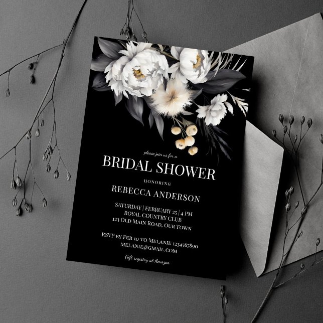 Invitation Soirée boho en noir et blanc (Black and white moody elegant boho flowers bridal shower  template invitation digital download )