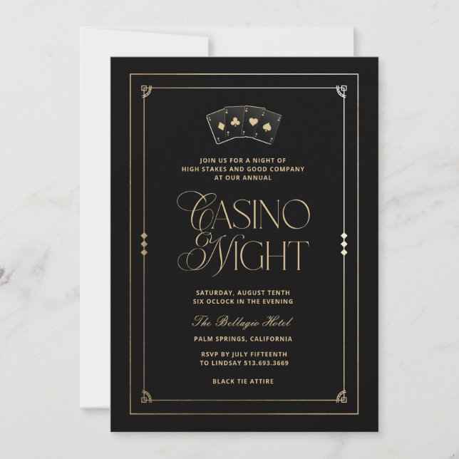 Invitation Soirée Casino Noir Or Art Déco (Devant)