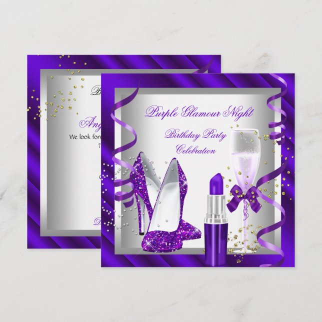Invitation Soirée Champagne Glitter Violet Glamour (Devant / Derrière)