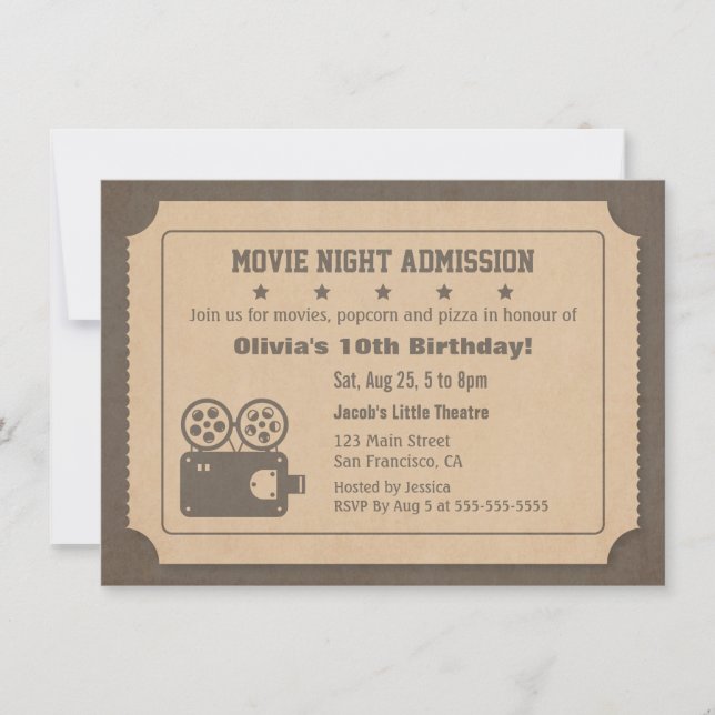 Invitation Soirée Cinéma Billet Rétro Fête d'Anniversaire (Devant)