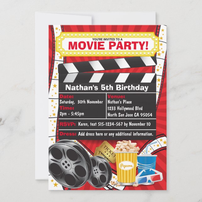 Invitation Soirée Cinéma Clap d'Anniversaire Hollywood (Devant)