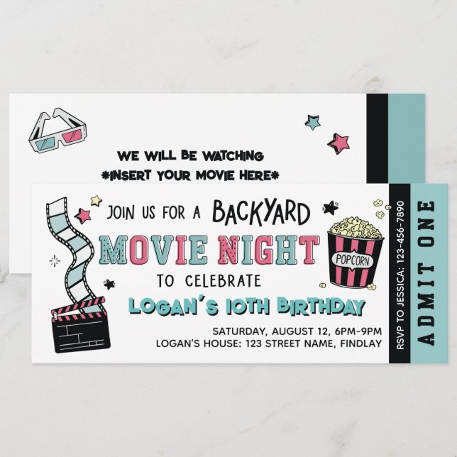 Invitation Soirée Cinéma dans le Jardin, Fête d'Anniversaire  (Devant / Derrière)
