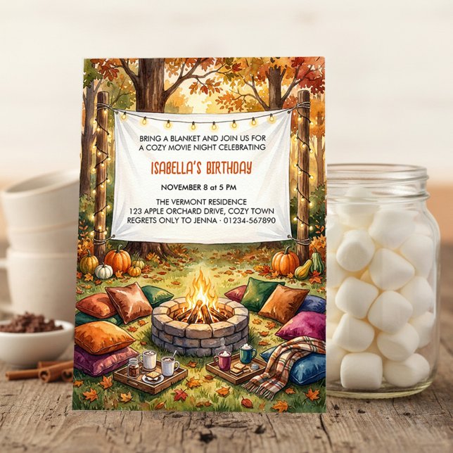 Invitation Soirée Cinéma de Naissance au Feu de Camp dans le  (Fall birthday invitation for movie night by Darling & May (order printed or digital))