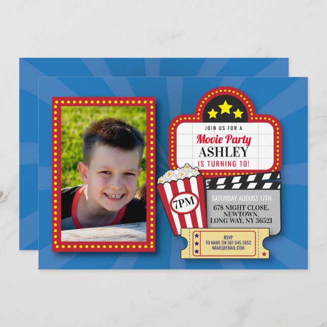 Invitation Soirée cinéma fête d'anniversaire n'importe quel â (Devant / Derrière)