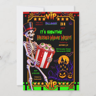 Invitation Soirée cinéma Halloween squelette et globes oculai