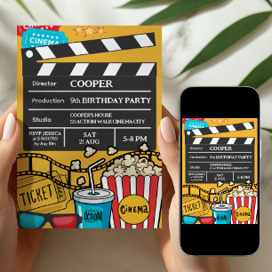Invitation Soirée cinéma jaune pour l'anniversaire des garçon