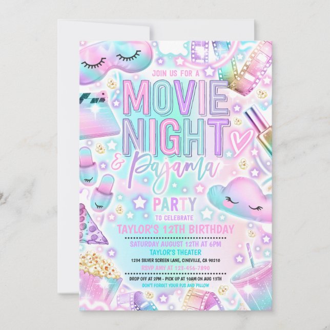 Invitation Soirée cinéma Pajama Pastel Rainbow Anniversaire P (Devant)