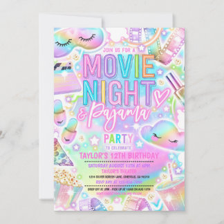 Invitation Soirée cinéma Pajama Pastel Rainbow Anniversaire P