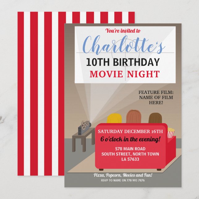 Invitation Soirée cinéma pour enfants Fête d'anniversaire Cin (Devant / Derrière)