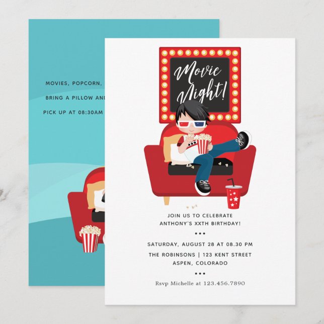 Invitation Soirée cinéma pour l'anniversaire d'un garçon avec (Devant / Derrière)