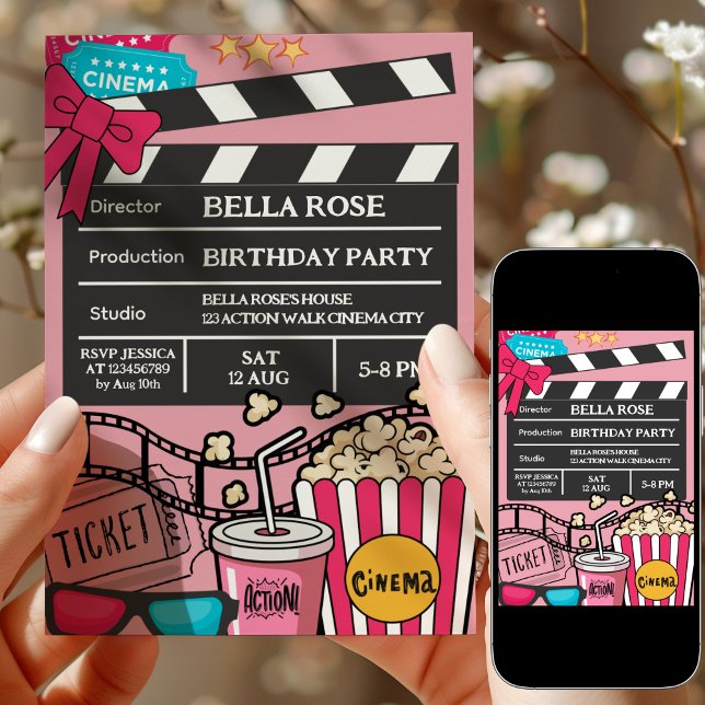 Invitation Soirée cinéma rose pour l'anniversaire des filles (Créateur téléchargé)