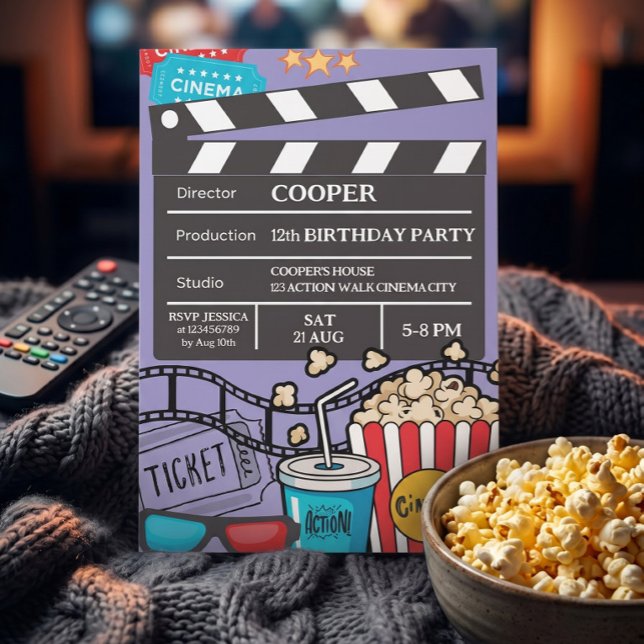 Invitation Soirée cinéma violet pour l'anniversaire des garço (Créateur téléchargé)