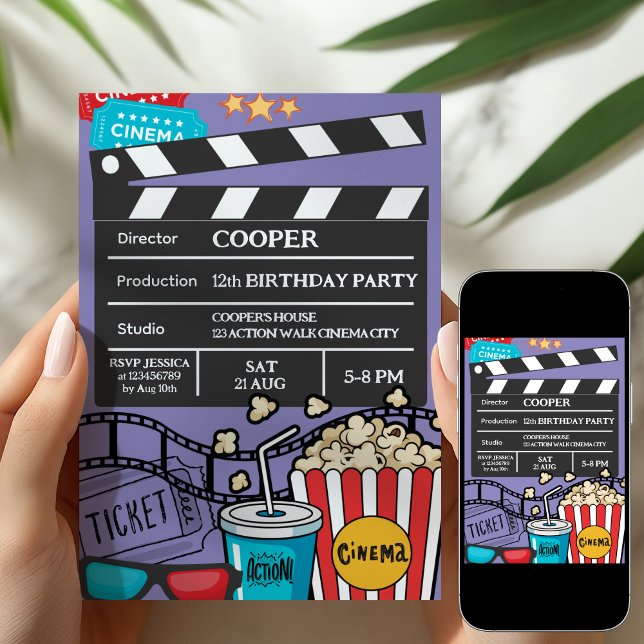 Invitation Soirée cinéma violet pour l'anniversaire des garço (Créateur téléchargé)