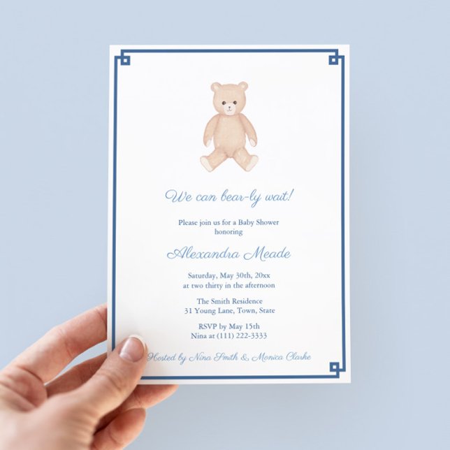 Invitation Soirée classique de Baby shower de garçon en peluc (Timeless Teddy Bear Baby Shower Invitation Design With Navy Blue And White Greek Key Backer)