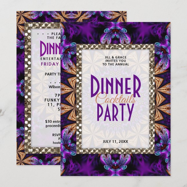 Invitation Soirée Cocktail Dîner Fractales de Dentelle Violet (Devant / Derrière)