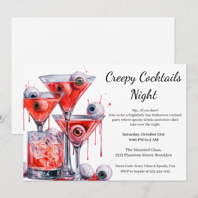 Invitation Soirée Cocktail Halloween | Boisson Creepy Eyeball (Devant / Derrière)