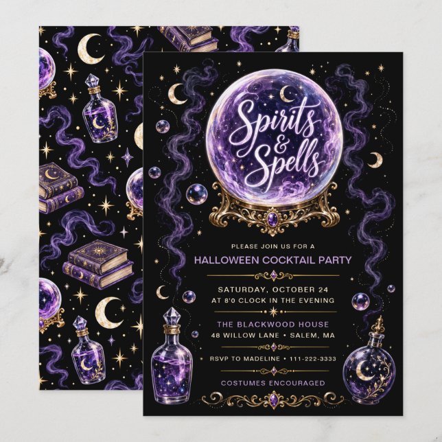 Invitation Soirée Cocktail Halloween Esprits & Sortilèges (Devant / Derrière)