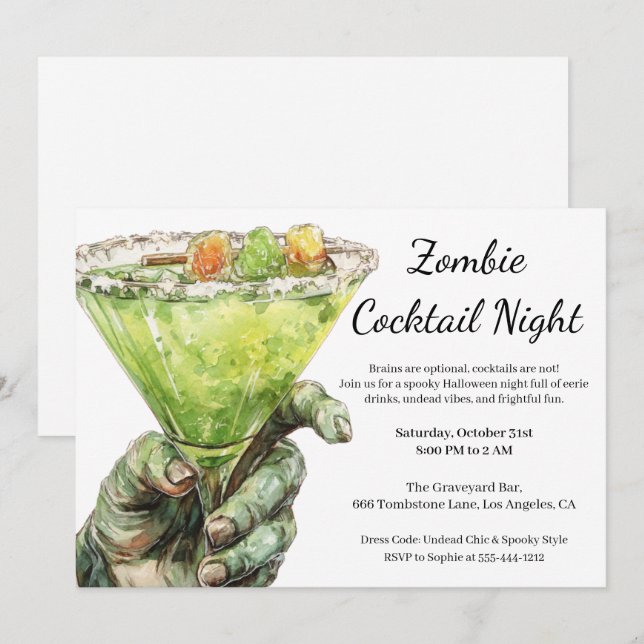 Invitation Soirée Cocktail Halloween | Main de Zombie avec Bo (Devant / Derrière)