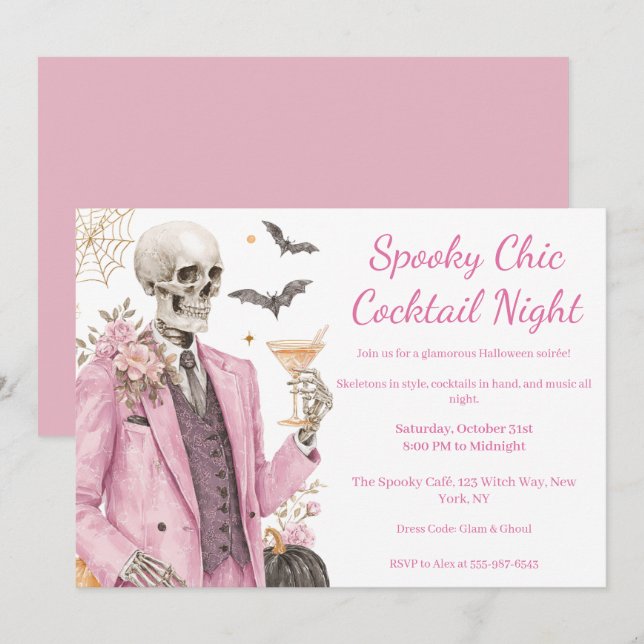 Invitation Soirée Cocktail Halloween | Nuit Chic et Squeletti (Devant / Derrière)