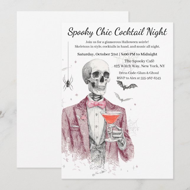 Invitation Soirée Cocktail Halloween | Nuit Chic et Squeletti (Devant / Derrière)