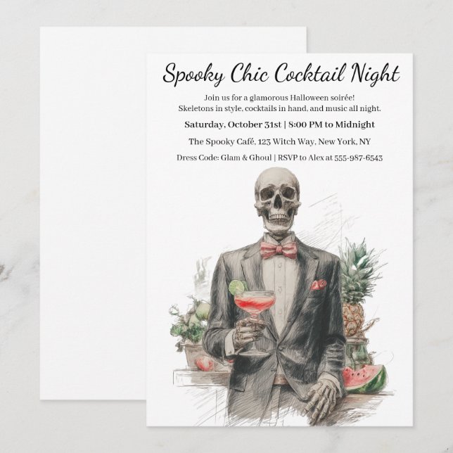 Invitation Soirée Cocktail Halloween | Nuit Chic et Squeletti (Devant / Derrière)