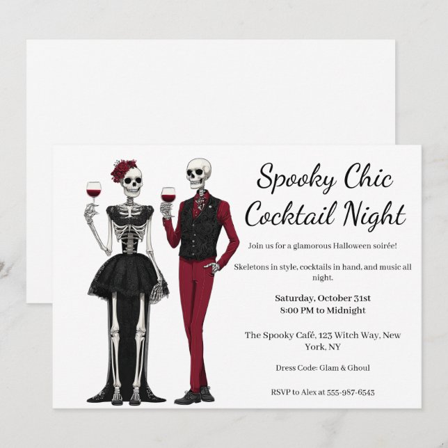 Invitation Soirée Cocktail Halloween | Nuit Chic et Squeletti (Devant / Derrière)
