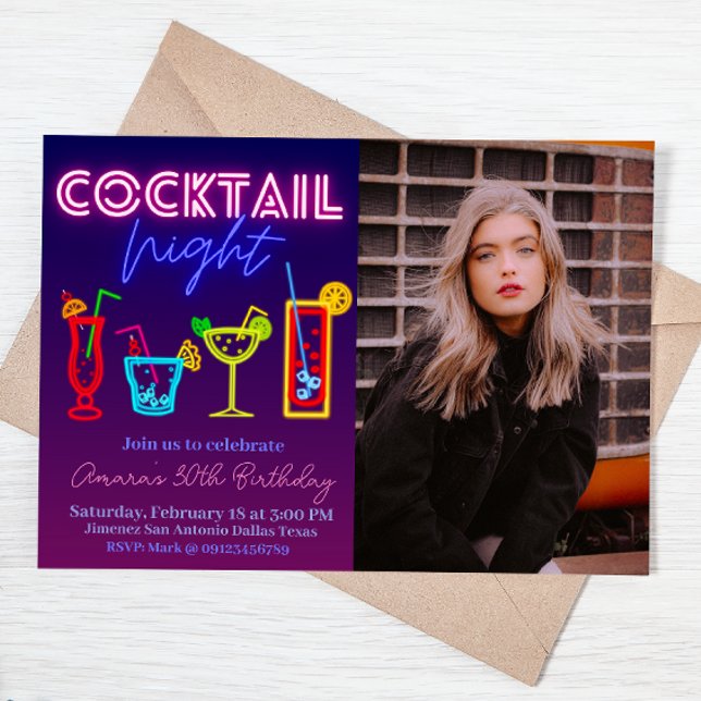 Invitation Soirée Cocktail - Neon avec photo (Créateur téléchargé)