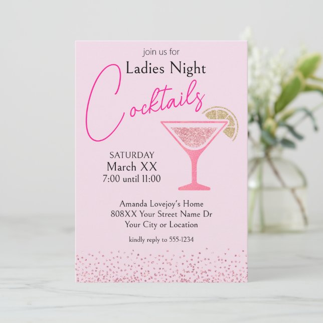 Invitation Soirée Cocktail pour Dames Paillettes Roses et Or (Debout devant)