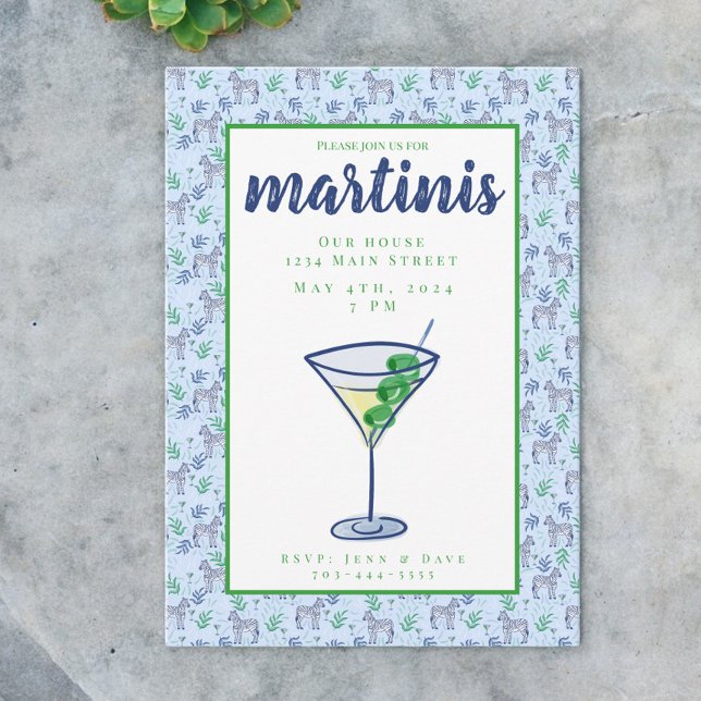 Invitation Soirée Cocktail Preppy Zebra Martini / Blue Martin (Créateur téléchargé)