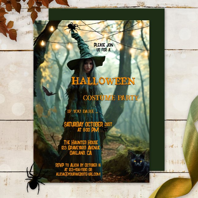 Invitation Soirée costumée de sorcière (Halloween costume party invitation featuring a wicked witch in a mysterious forest with a black cat)