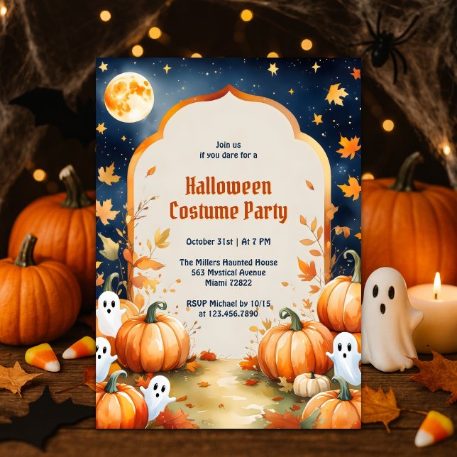 Invitation Soirée costumée d'Halloween pour les enfants Ghost (Cute Ghosts & Pumpkins Kids Halloween Costume Party Invitation Full Moon Spooky Cute Fall Design)