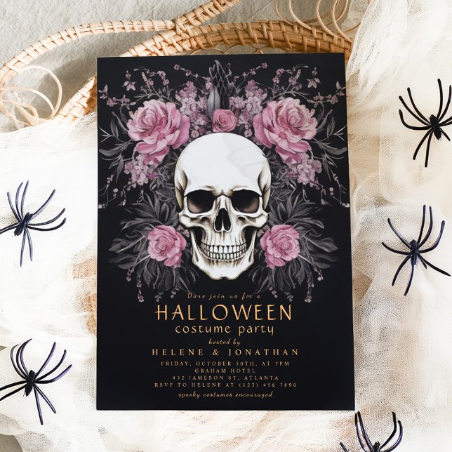Invitation Soirée costumée Rose gothique Adulte Halloween (Skull Roses Gothic Adult Halloween Costume Party Invitation)