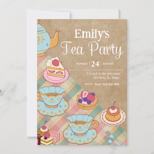 Invitation Soirée Cute Feminine Rose Blue Tea Party Anniversa (Devant)