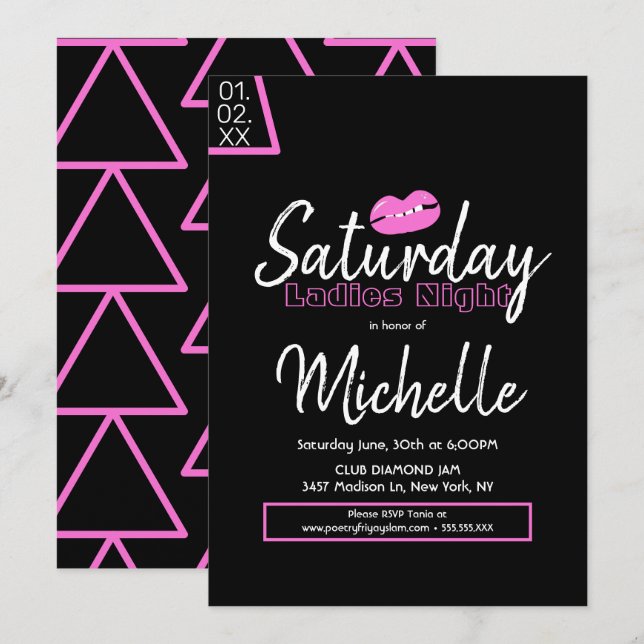 Invitation Soirée Dames Fête d'Anniversaire Rose Lèvres Noire (Devant / Derrière)